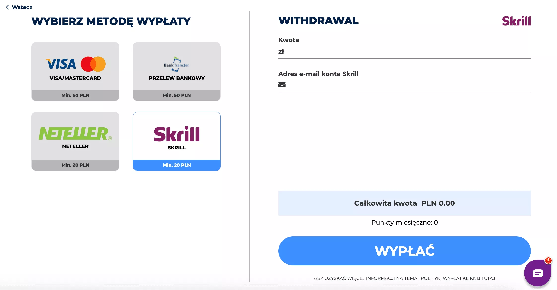 Kasyna Skrill - Wypłata