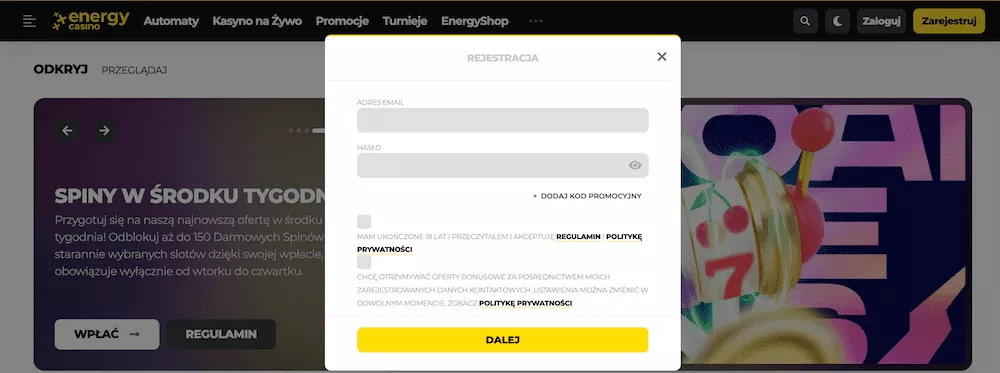 EnergyCasino - Rejestracja 1