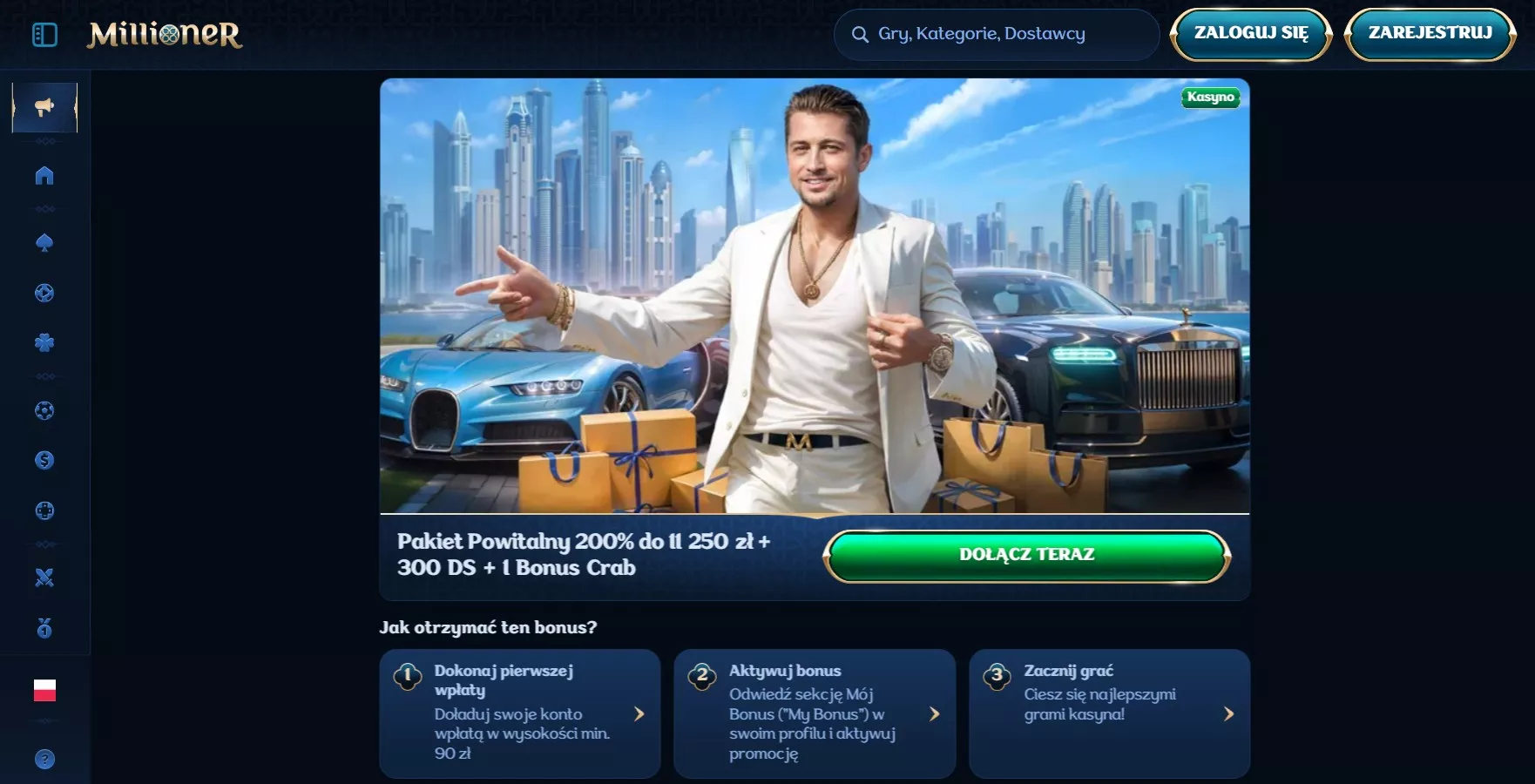 Strona z bonusem powitalnym millioner